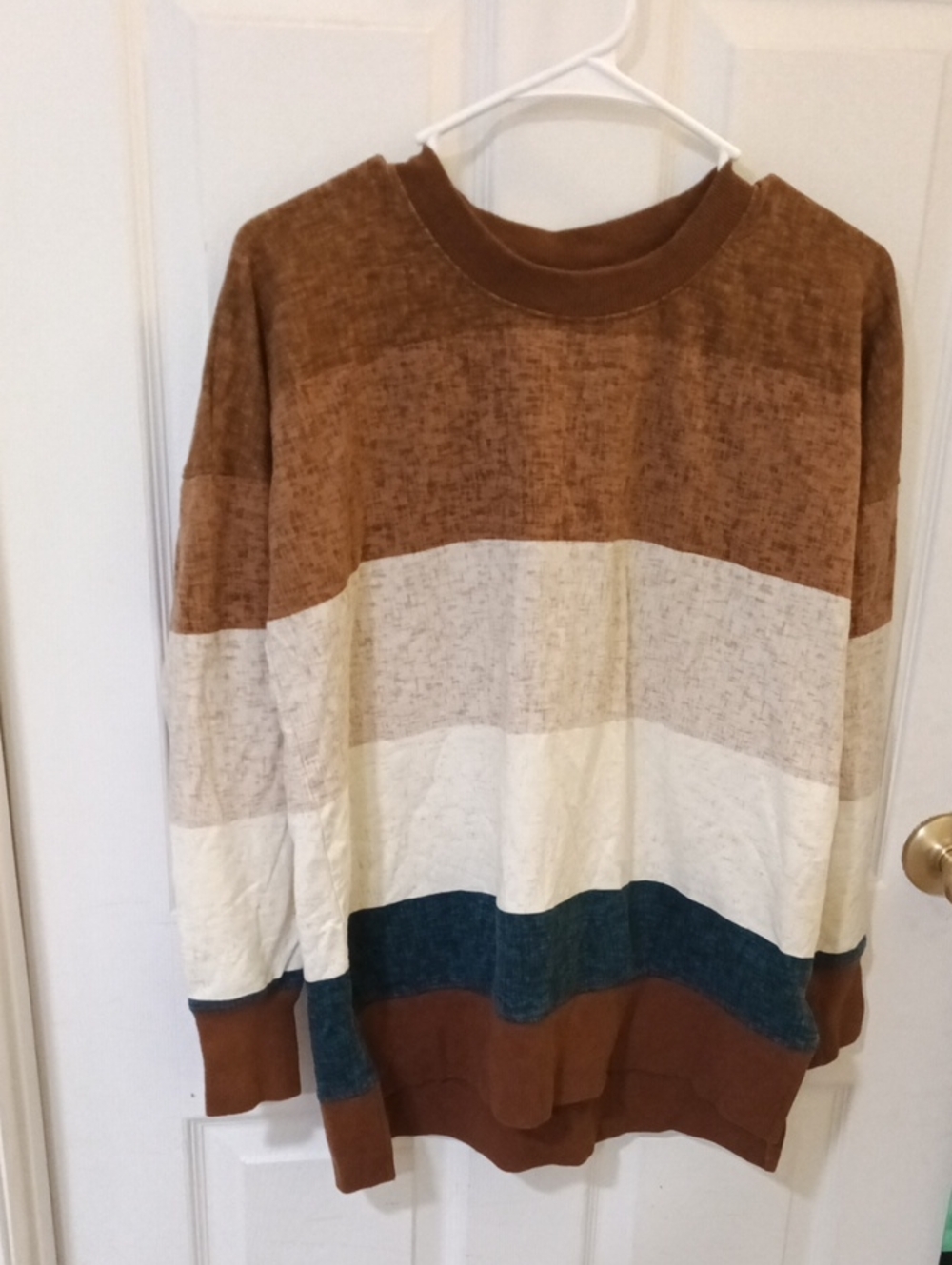 LuLaRoe Women's Brown, Cream & Blue Striped Crewneck Sweater
